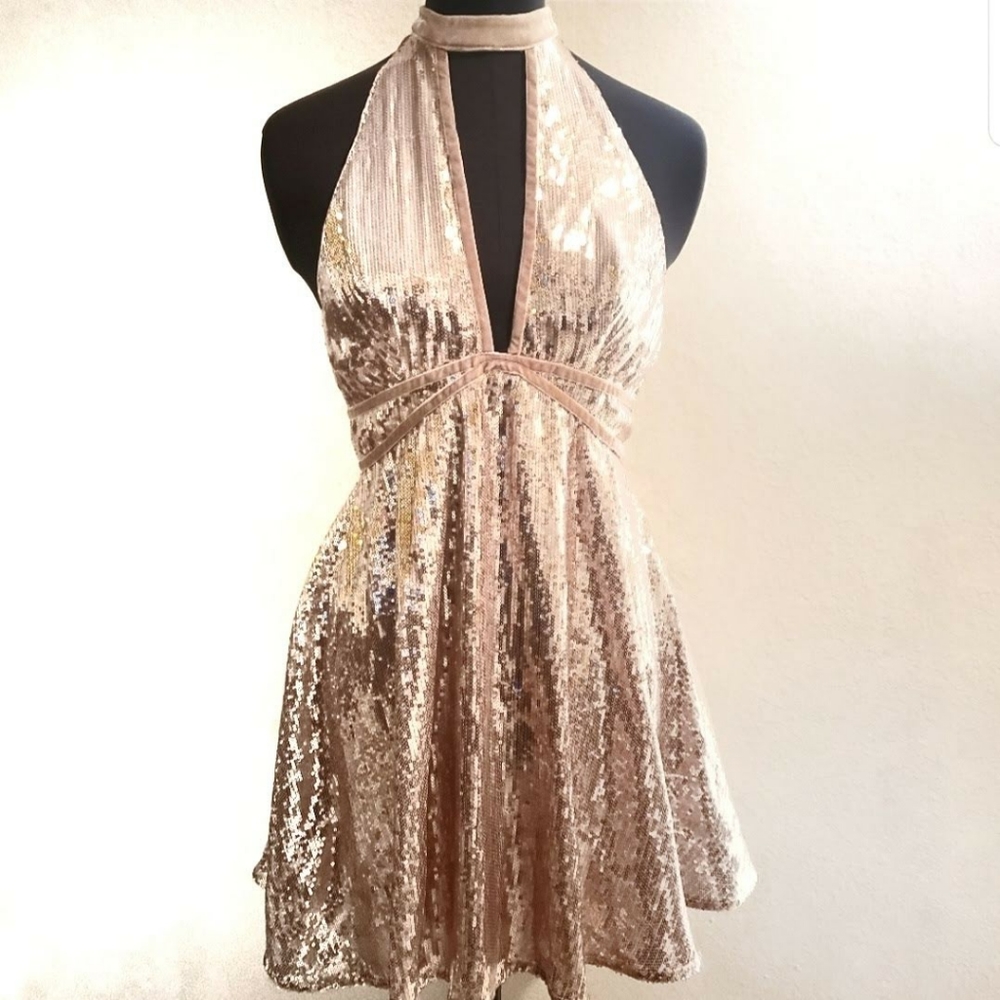 Free People Rose Gold Film Noir Sequin Dress Sz 4
